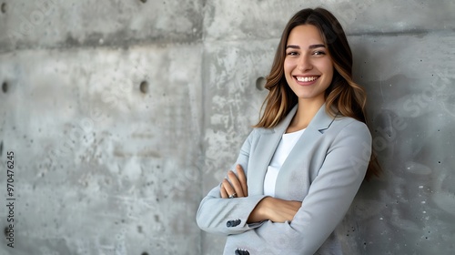 Confident businesswoman signing a document, isolated background, portrayed in a portrait shot with a plain background