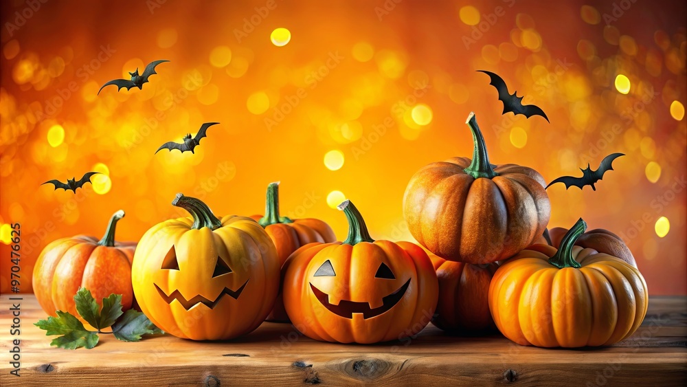Vibrant Halloween pumpkins and bats on a bright backdrop Vibrant Halloween pumpkins and bats on a bright backdrop