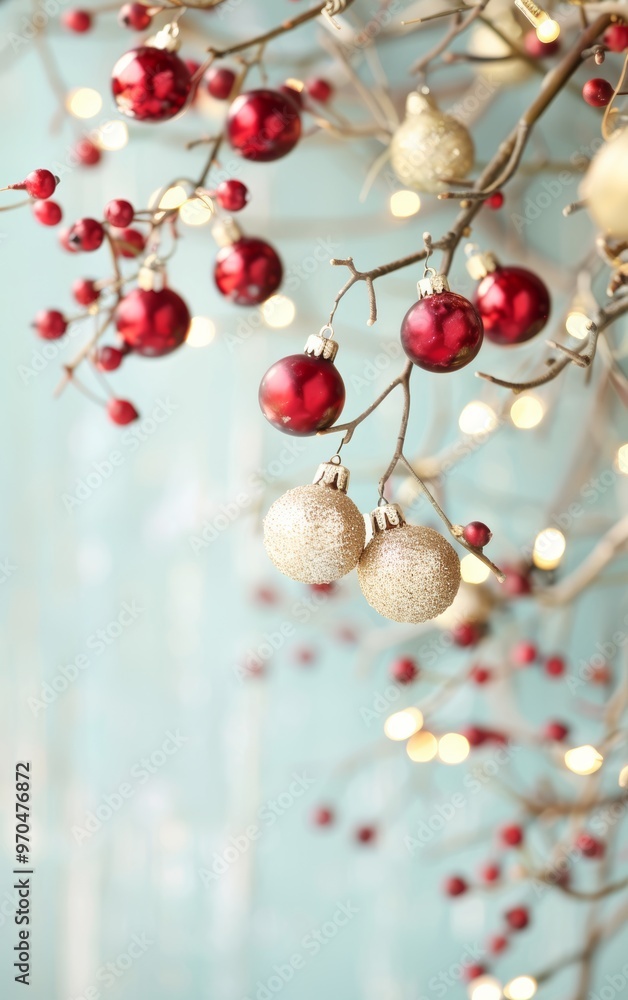 Fototapeta premium A Festive Christmas Garland adorned with Red Berries and Gold Decorations, Illuminating the Holiday Spirit in a Cozy Home Setting during the Winter Season.