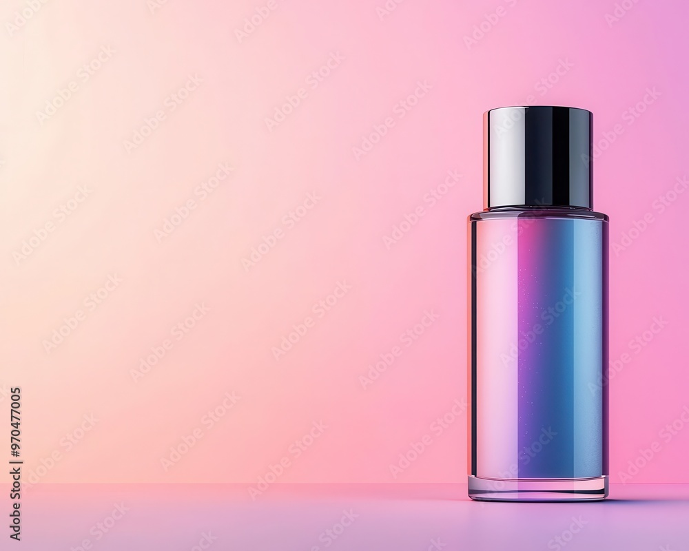 Shimmering serum bottle with glowing holographic particles, soft pastel background, sleek futuristic packaging, luxury skincare design Shimmering serum bottle with glowing holographic particles, soft pastel background, sleek futuristic packaging, luxury skincare design