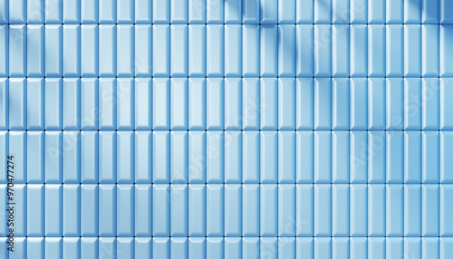 Fototapeta Naklejka Na Ścianę i Meble -  3d blue tile wall with rectangle pattern in bathroom render. Modern kitchen, toilet or pool interior with vertical rectangular mosaic. Ceramic texture background with light and shadow. 3D illustration