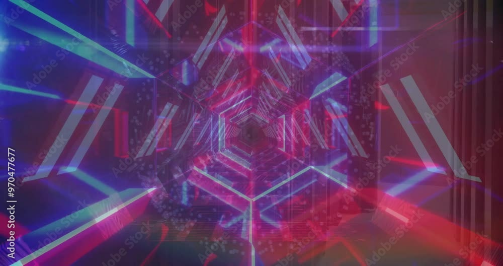 Animation of neon tunnel over server room Animation of neon tunnel over server room