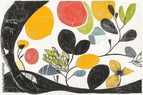 A vibrant abstract illustration featuring colorful shapes and foliage, perfect for modern decor and artistic inspiration.