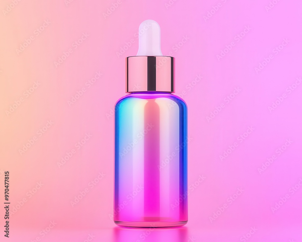 Serum bottle surrounded by soft shimmering holographic particles, futuristic packaging, clean lines, pastel neon background, high-tech skincare Serum bottle surrounded by soft shimmering holographic particles, futuristic packaging, clean lines, pastel neon background, high-tech skincare