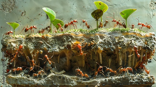 Leafcutter ant colony building fungus garden, cross-section view: A cross-section view reveals a leafcutter ant colony busily building a fungus garden, with ants carrying leaf fragments to nourish 