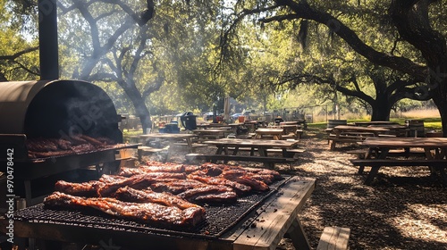 Southern-style barbecue scene, thick smoke billows from a large smoker filled with sizzling brisket and ribs, rustic wooden picnic tables under shady trees, photo