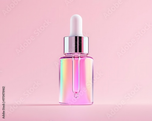 Skincare serum dropper with soft shimmer, glowing under pastel holographic lighting, futuristic minimalism, luxury packaging, cool tones