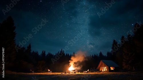 Starry night at a quiet campsite, portable grill roasting marshmallows and hotdogs, smoke curling into the air, warm firelight glowing in the darkness photo