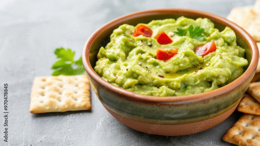 Fresh Homemade Guacamole with Cherry Tomatoes and Crackers for a Delicious, Healthy, and Wholesome Snack or Appetizer Fresh Homemade Guacamole with Cherry Tomatoes and Crackers for a Delicious, Healthy, and Wholesome Snack or Appetizer