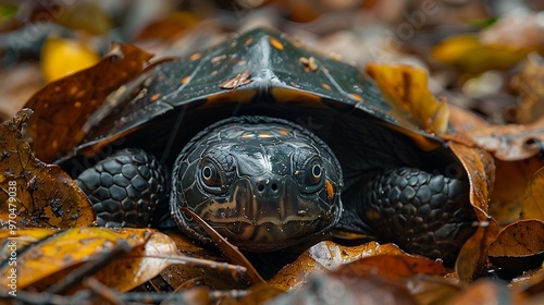 Mata mata turtle ambushing fish, camouflaged in leaf litter: A mata mata turtle lies camouflaged among the leaf litter, its unique, flat head blending seamlessly as it prepares to ambush an 
