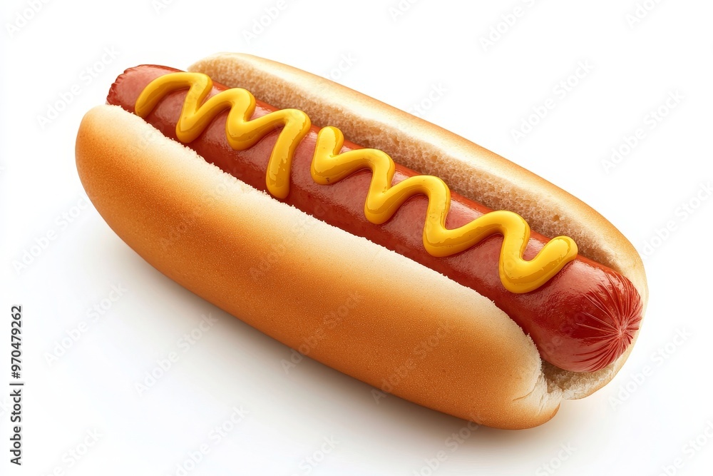 Close-up of a hot dog with mustard on a white background. Close-up of a hot dog with mustard on a white background.