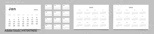 Set of Pages Monthly Calendar Planner Templates and annuals 2025-2026 in minimal style. Vector pages size A4-21x29.7 cm for wall or desk minimalist calendar with week starting on Monday for printing