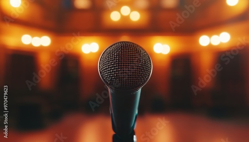 Microphone on conference table with warm stage lights creating an inviting atmosphere for speakers