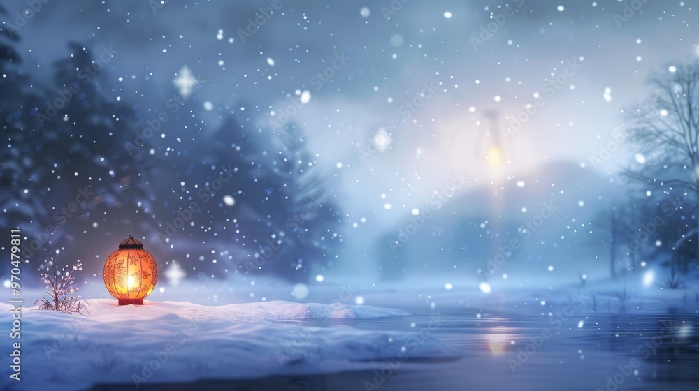 Fototapeta premium Tranquil Snowy Scene with a Single New Year's Lantern