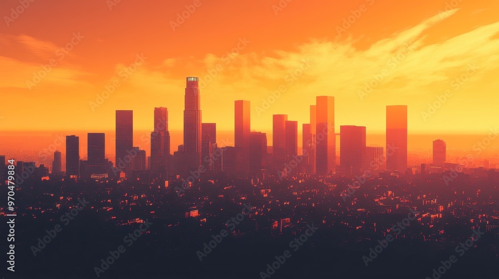A panoramic view of a modern cityscape at sunset, with skyscrapers silhouetted against a vibrant orange sky. A panoramic view of a modern cityscape at sunset, with skyscrapers silhouetted against a vibrant orange sky.