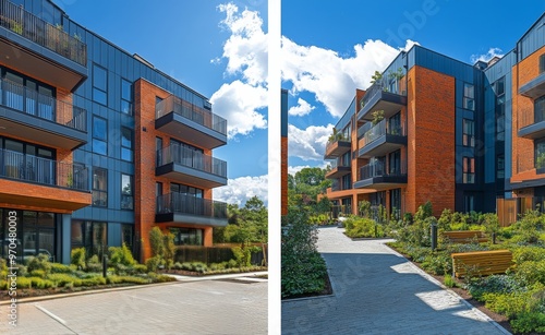 Modern colorful apartment buildings with greenery under a clear sky in an urb...