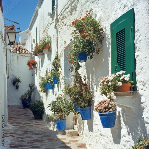 Colorful flower-filled alley in a charming coastal village during a sunny aft...