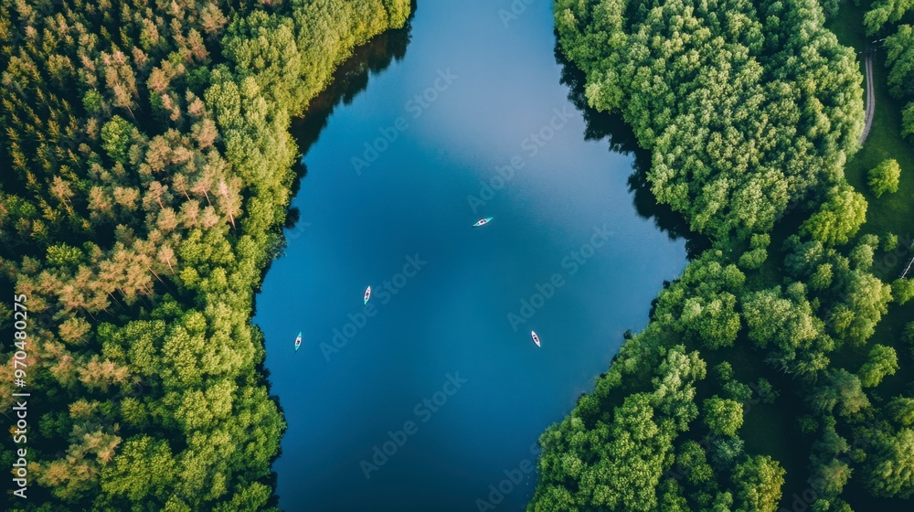 Naklejka premium A panoramic aerial view of a large lake surrounded by forests, with boats and kayaks dotting the water.