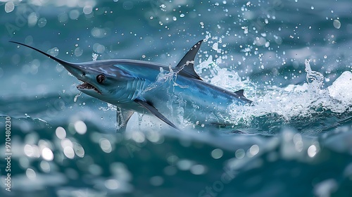 Pelagic thresher shark hunting with tail whip, action sequence: A pelagic thresher shark uses its long, whip-like tail to stun and catch prey, the action sequence capturing its hunting prowess  photo