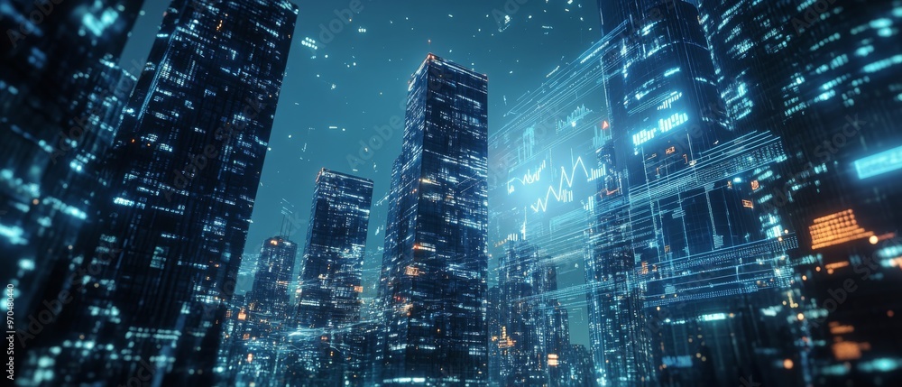 Obraz premium Futuristic city skyline illuminated by glowing digital data projections at night