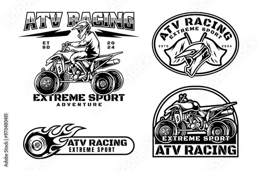 all terrain vehicle, off road 4x4 quad racing logo design for extreme sport. ATV rider and vehicle sign symbol modern logo. ATV helmet flag and tire fire flame sport emblem badge logo illustration
