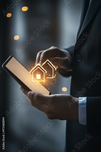 Person using a smartphone with glowing home icons in a dimly lit environment ...