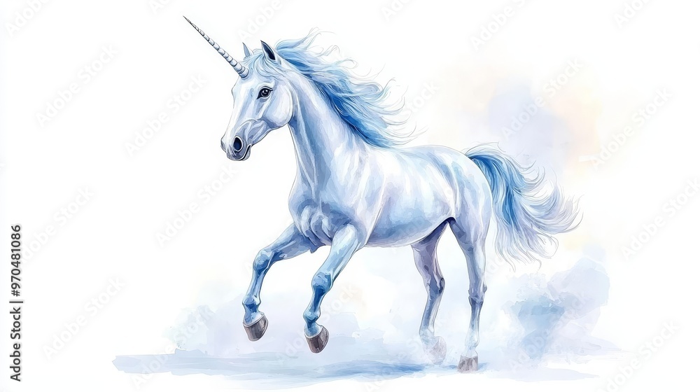 Obraz premium A majestic white unicorn with a blue mane and tail, running on clouds.