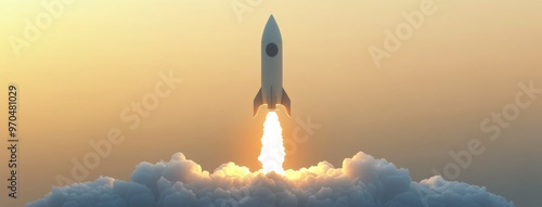 A colorful rocket launches into the sky, rising above fluffy clouds at sunset