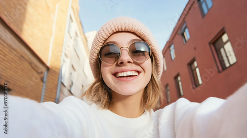 Portrait of a girl taking selife in urban. photo