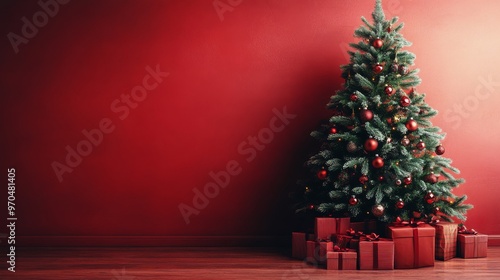 Festively decorated Christmas tree with gifts against a vibrant red backdrop