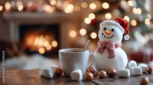 A cozy winter setting with a snowman, warm drink, and festive decorations nea...