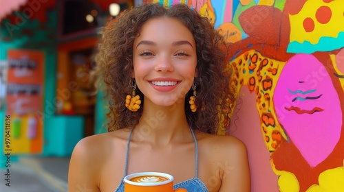 Young woman enjoying a bright summer day with a cup near colorful urban art