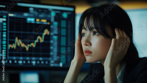 Asian female stock trader, currency exchange, crypto currency, investor, copy space, struggling with head in hands