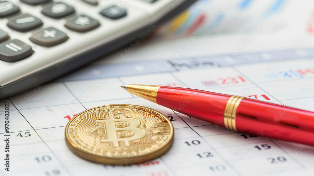 calculator pen and gold coins on accounting paper calculator pen and gold coins on accounting paper