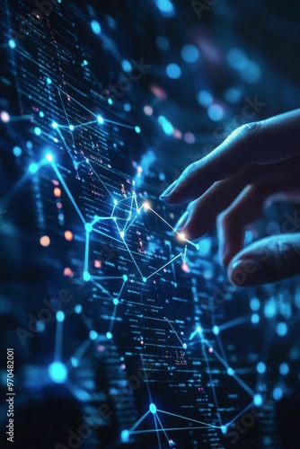 Digital hand pointing to a rising graph made of glowing blue lines against a ...