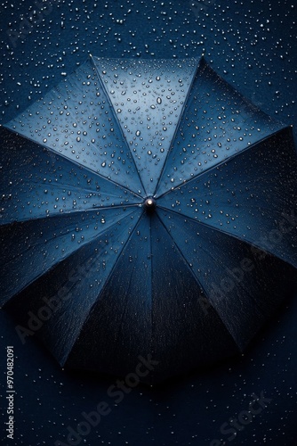 Dark blue umbrella resting on wet surface with raindrops in a rainy weather b...