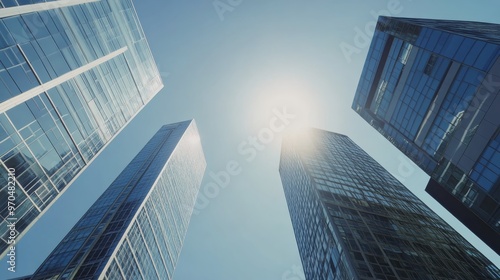 Skyscrapers reaching towards the bright blue sky on a sunny day in an urban e...