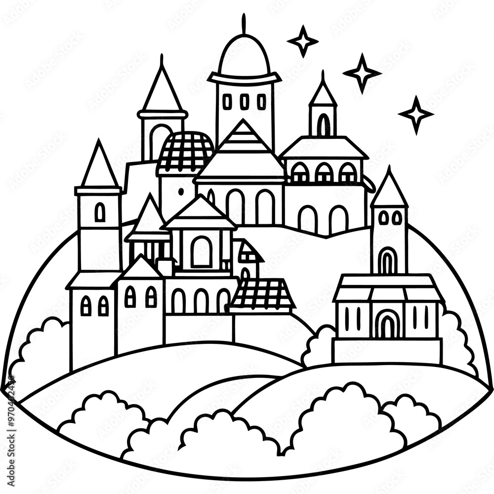 Fototapeta premium fantasy town outline coloring book page line art drawing