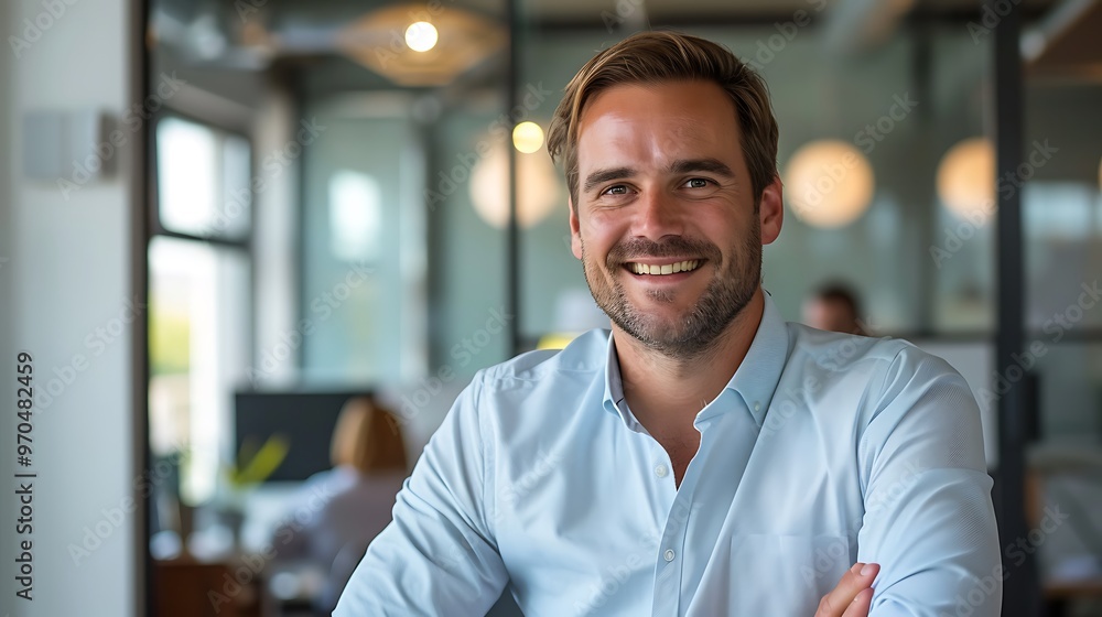 Confident entrepreneur smiling in a modern office, reflecting ambition and success in a portrait shot with a plain office background Confident entrepreneur smiling in a modern office, reflecting ambition and success in a portrait shot with a plain office background