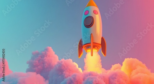 A colorful rocket takes off into the sky, surrounded by clouds and vibrant co...