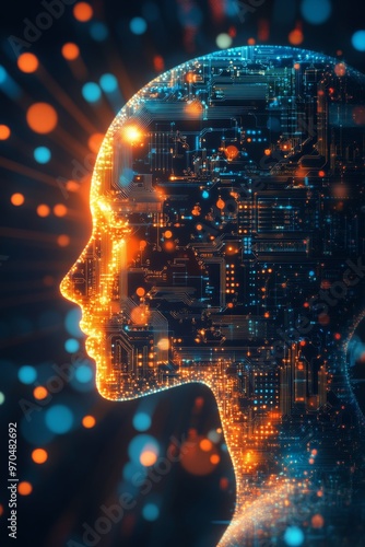 A glowing circuit-filled silhouette of a human head on a dark background