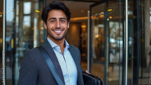 Young man smiling confidently outside a modern building during daytime with a...