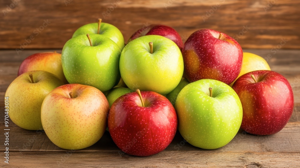 A pile of fresh apples in different varieties, including red, green, and yellow, set against a natural wooden background. A pile of fresh apples in different varieties, including red, green, and yellow, set against a natural wooden background.