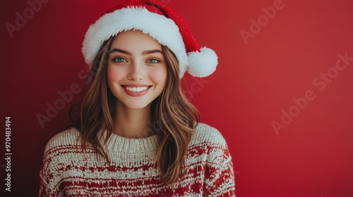 A smiling young woman in a festive sweater and Santa hat against a red backgr...