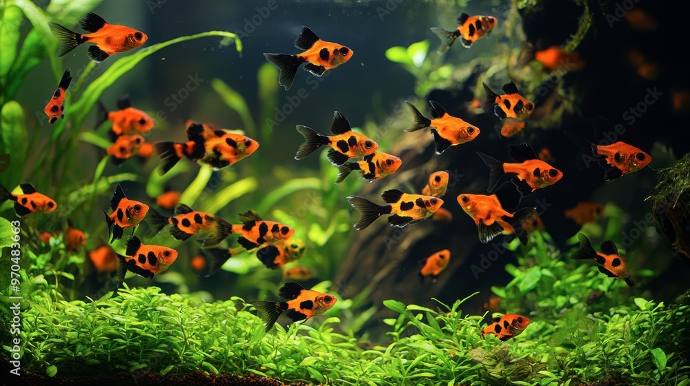 A planted aquarium with a peaceful school of harlequin rasboras, their orange and black bodies swimming in perfect harmony. A planted aquarium with a peaceful school of harlequin rasboras, their orange and black bodies swimming in perfect harmony.