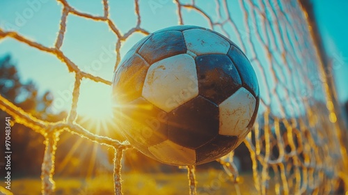 A sunset backdrop highlights a soccer ball nestled in the net after a success...