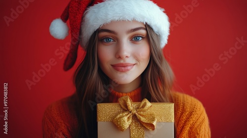 A cheerful woman wearing a Santa hat poses with a beautifully wrapped gift