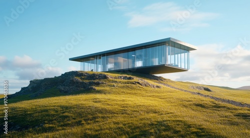 Modern architectural house on a green hillside under a clear blue sky at sunset