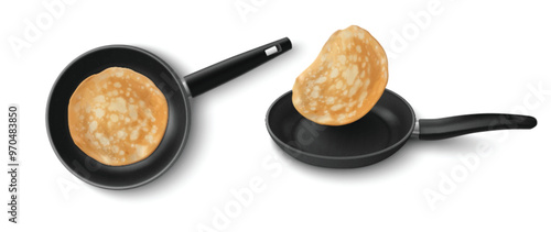Cooked crepe on black frying pan with nonstick teflon coating. Realistic 3d vector illustration set of ready to eat hot freshly fried pancake on skillet. Kitchen cooking equipment with food.