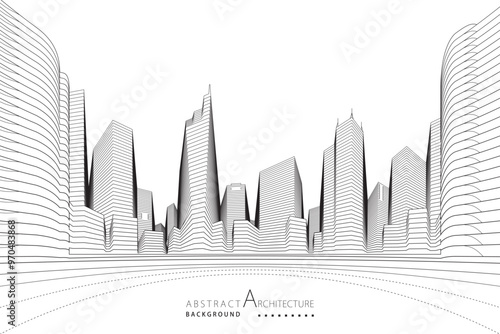 3D illustration, abstract modern urban landscape line drawing, imaginative architecture building construction perspective design.
